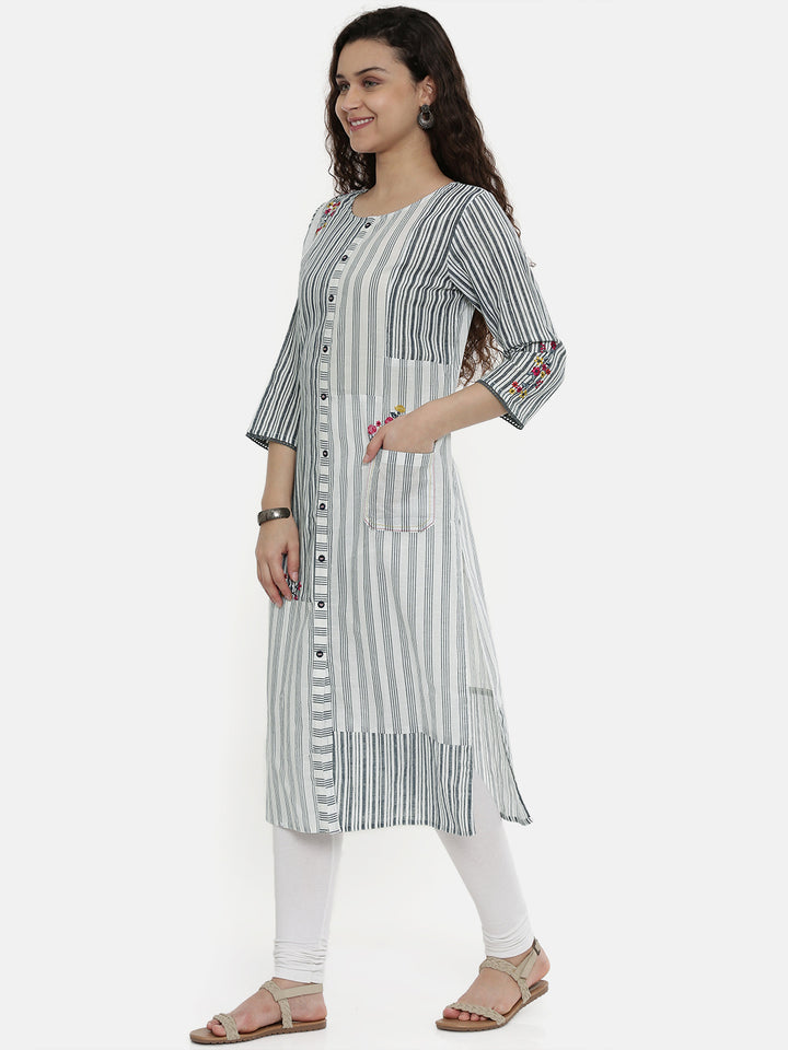 Neerus White Cotton Printed Straight Kurta - side view