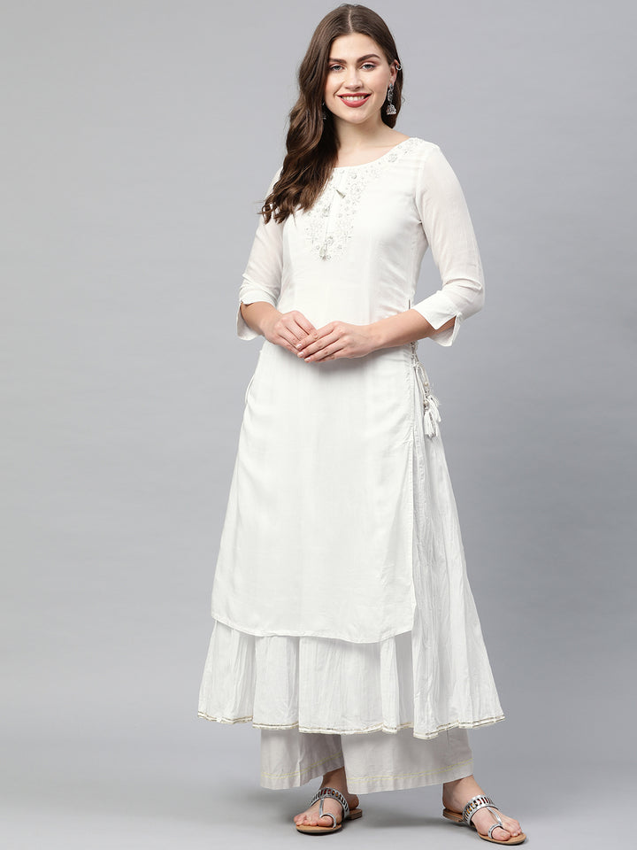 Neerus White muslin embroidered layered kurta - front view