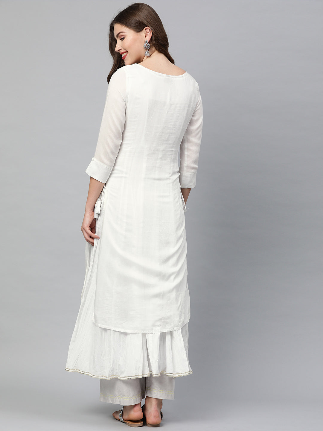 Neerus White muslin embroidered layered kurta - detail view 1