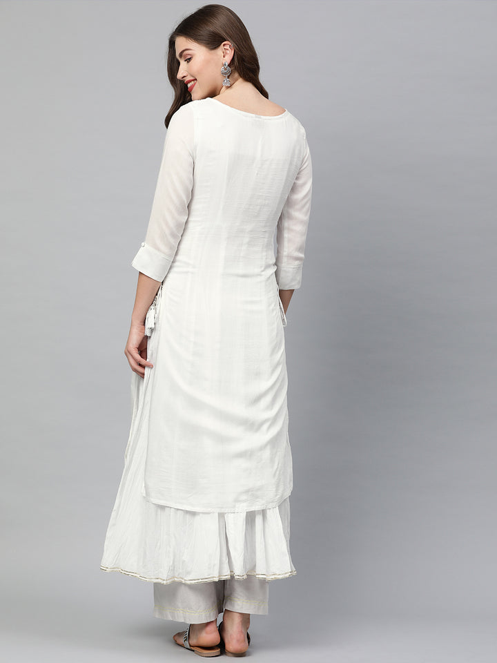 Neerus White muslin embroidered layered kurta - detail view 1