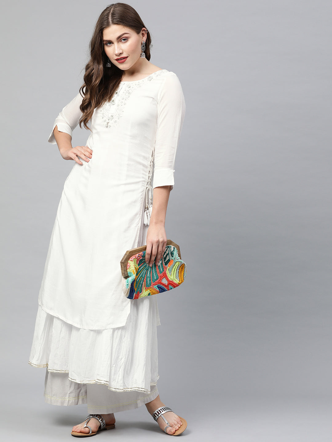 Neerus White muslin embroidered layered kurta - detail view 2