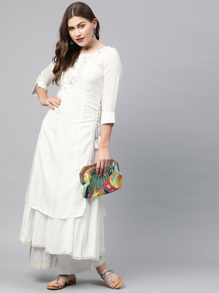 Neerus White muslin embroidered layered kurta - detail view 2