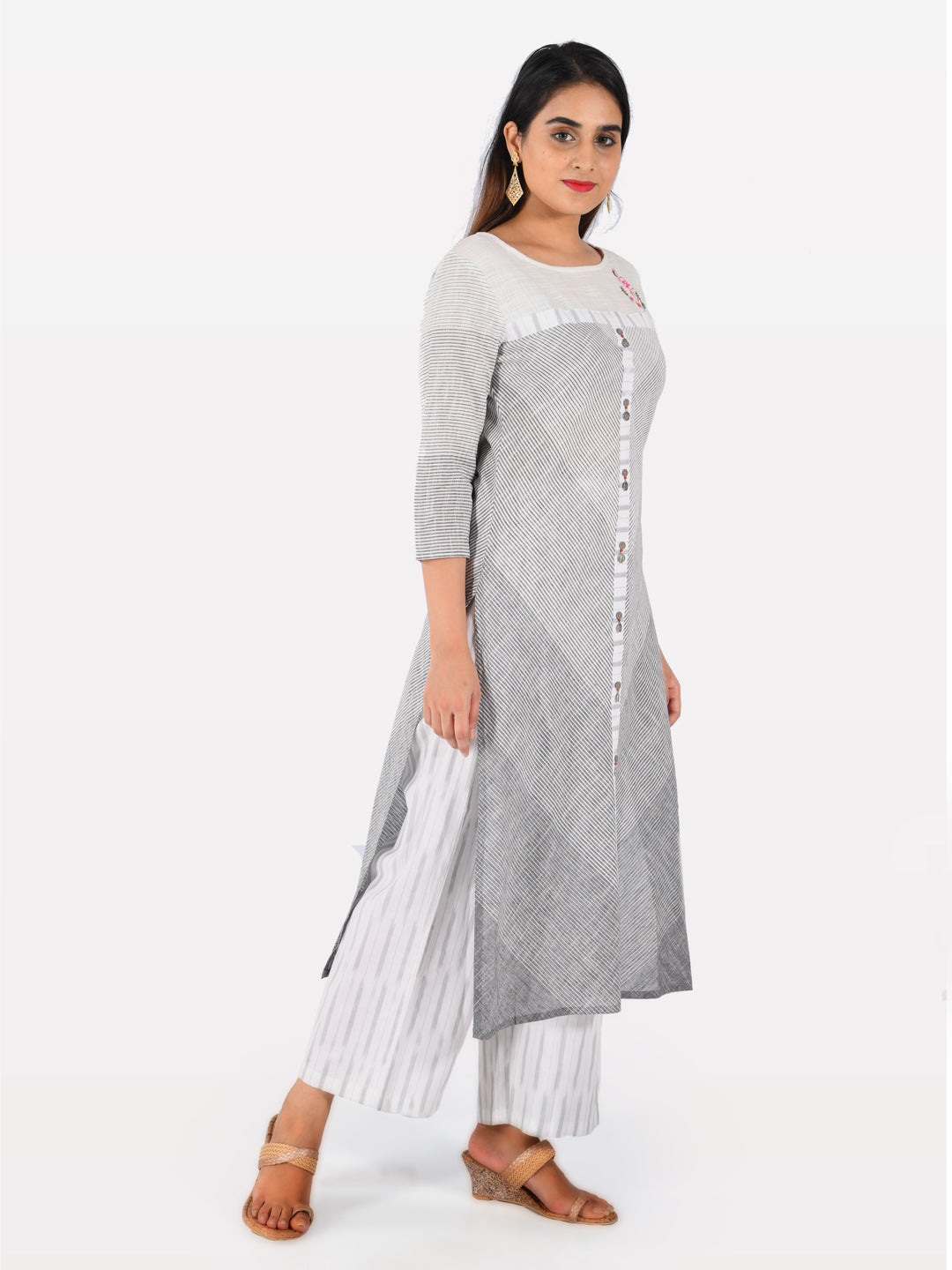 Neerus Grey Striped Straight Kurta