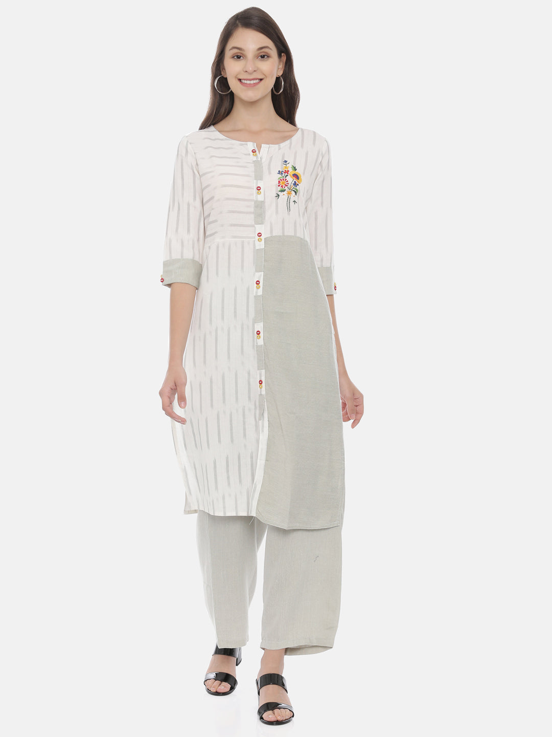 Neerus Grey cotton embroidered kurta set with palazzo - front view