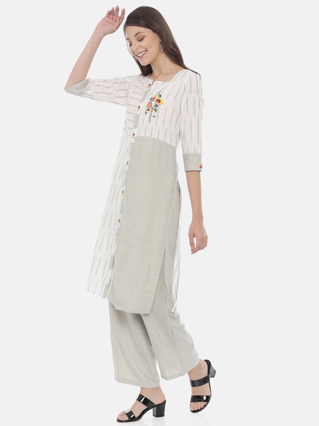 Neerus Grey cotton embroidered kurta set with palazzo - side view
