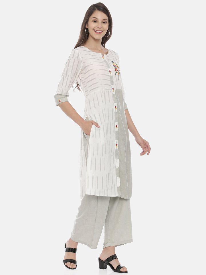 Neerus Grey cotton embroidered kurta set with palazzo - detail view 1