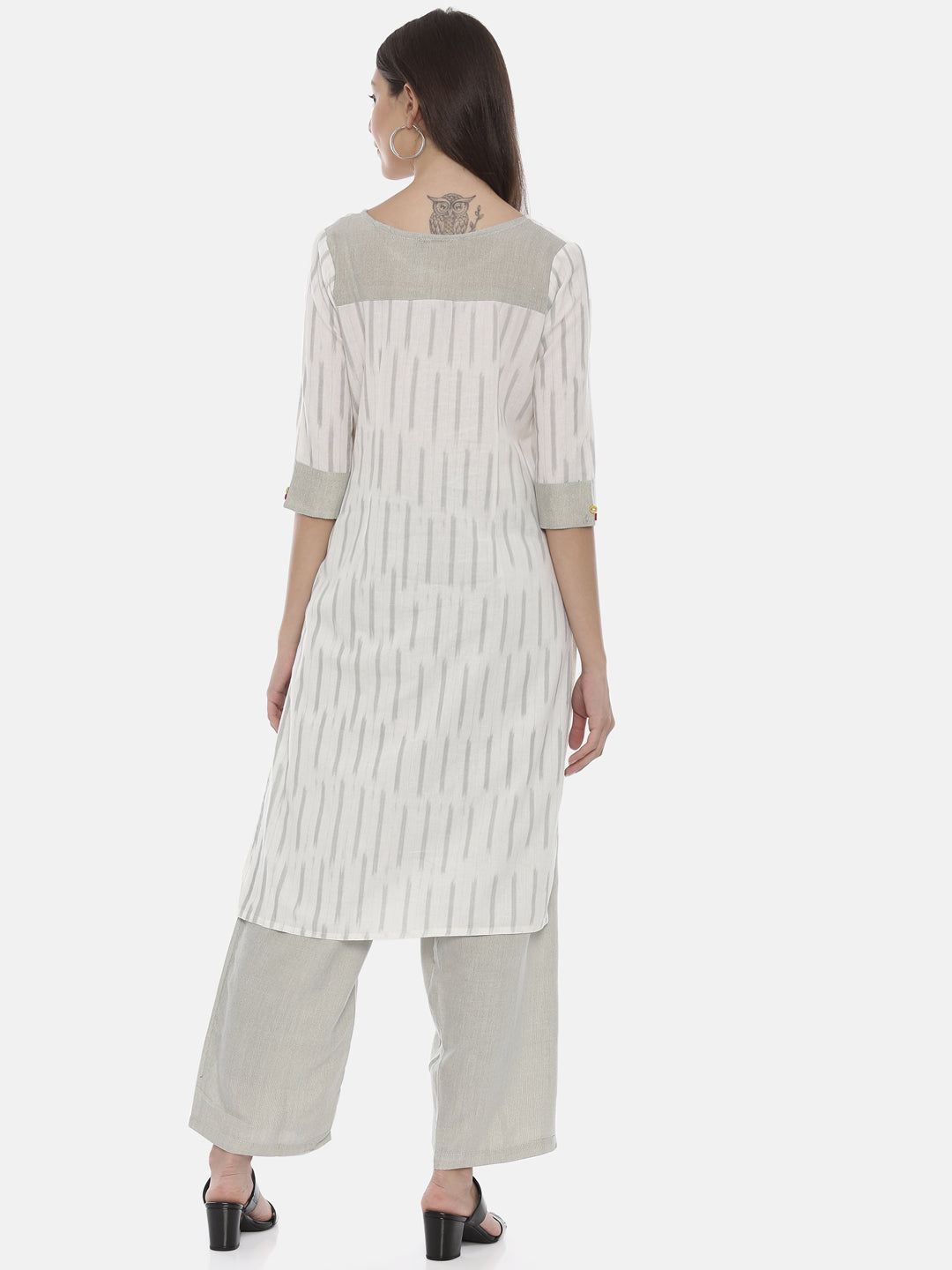 Neerus Grey cotton embroidered kurta set with palazzo - detail view 2