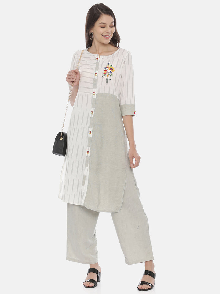 Neerus Grey cotton embroidered kurta set with palazzo - detail view 3
