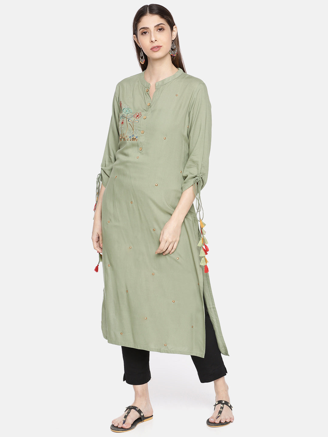 Neerus Green rayon embroidered straight kurta - front view
