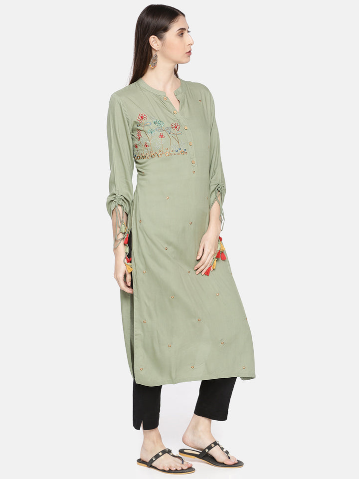 Neerus Green rayon embroidered straight kurta - side view