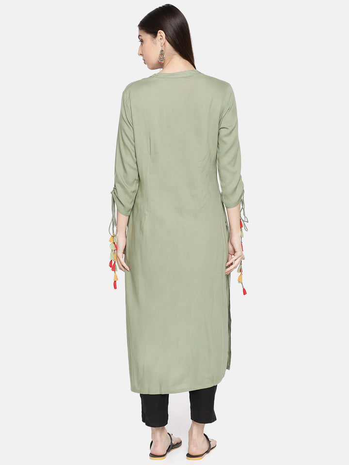 Neerus Green rayon embroidered straight kurta - detail view 1