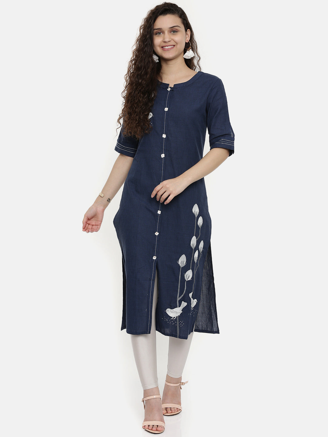 Neerus Blue cotton embroidered straight kurti - front view