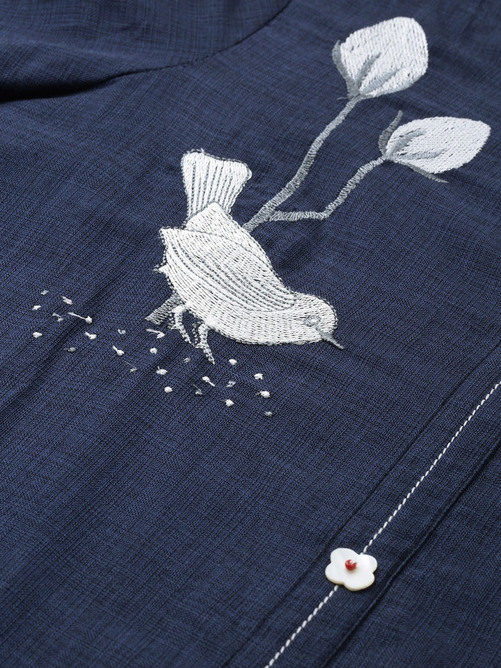 Neerus Blue cotton embroidered straight kurti - back view