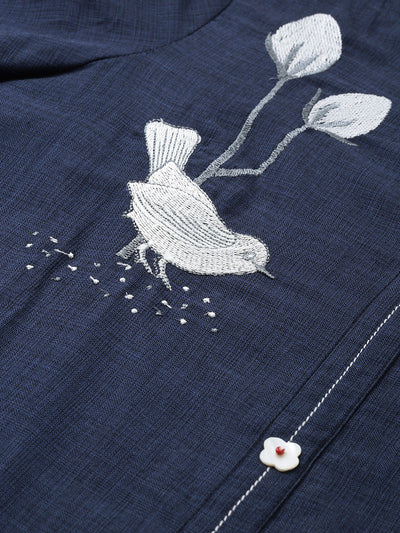 Neerus Women Navy Blue Embroidered Straight Kurta