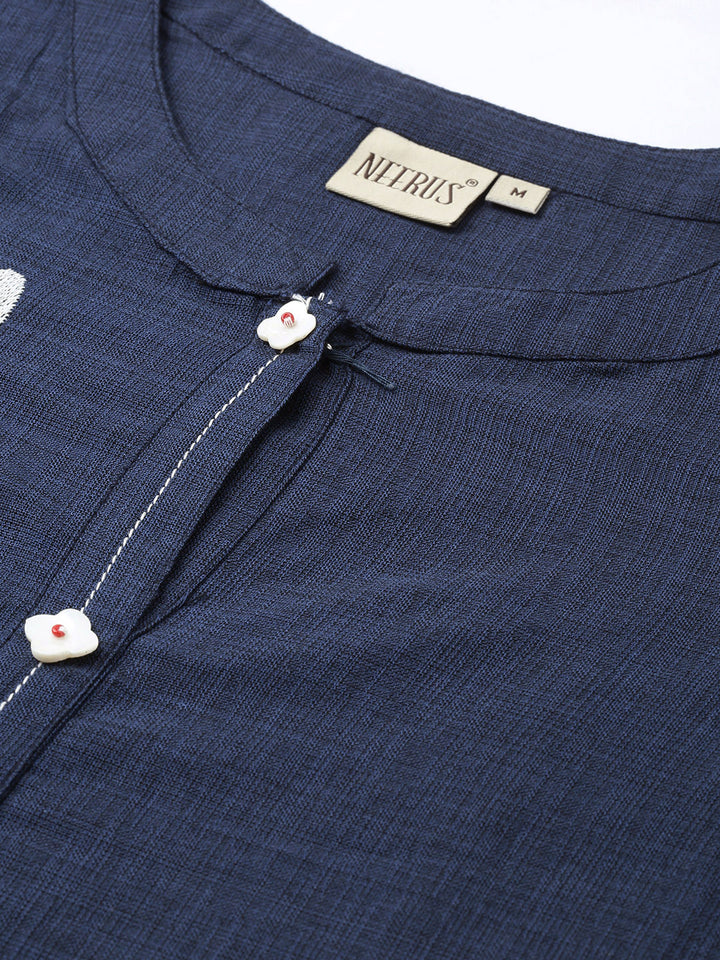 Neerus Blue cotton embroidered straight kurti - side view