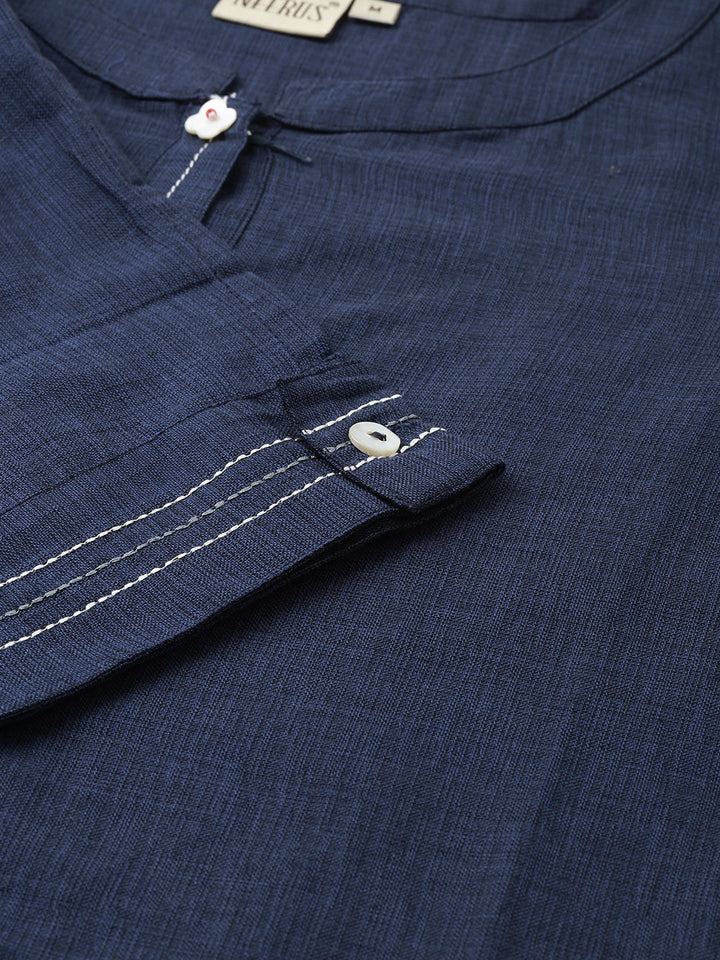 Neerus Blue cotton embroidered straight kurti - detail view 1