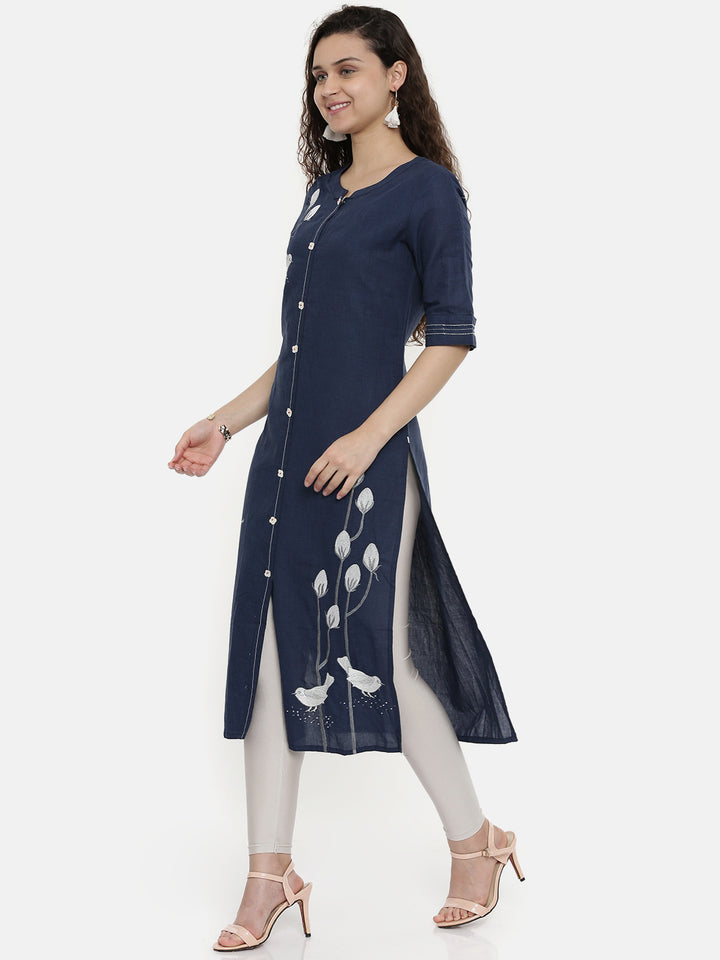 Neerus Blue cotton embroidered straight kurti - detail view 2