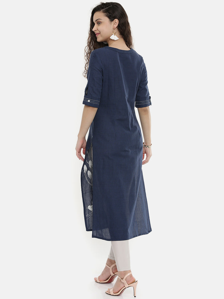Neerus Blue cotton embroidered straight kurti - detail view 3