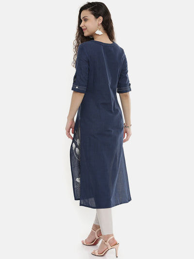 Neerus Women Navy Blue Embroidered Straight Kurta