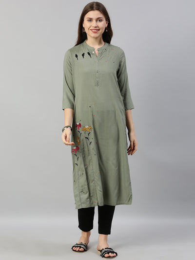 Neeru's Women Olive Green Embroidered Straight Kurta