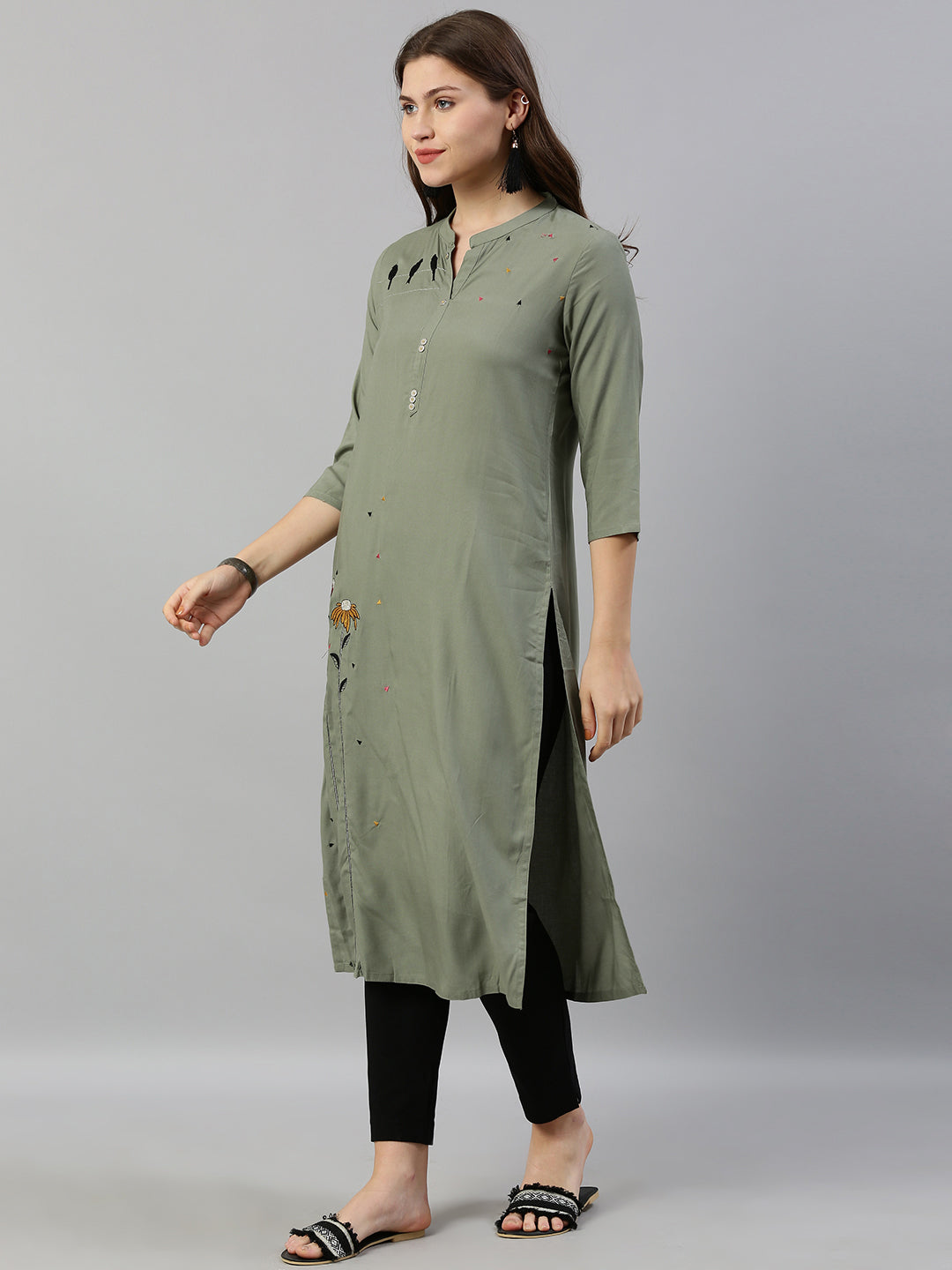 Neeru's Women Olive Green Embroidered Straight Kurta