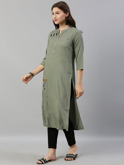 Neeru's Women Olive Green Embroidered Straight Kurta