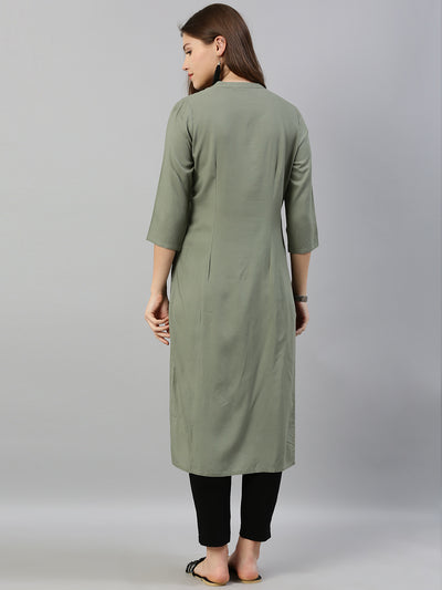 Neeru's Women Olive Green Embroidered Straight Kurta