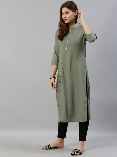 Neeru's Women Olive Green Embroidered Straight Kurta