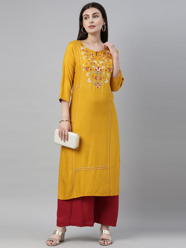 Neerus Yellow Embroidered Straight Kurta
