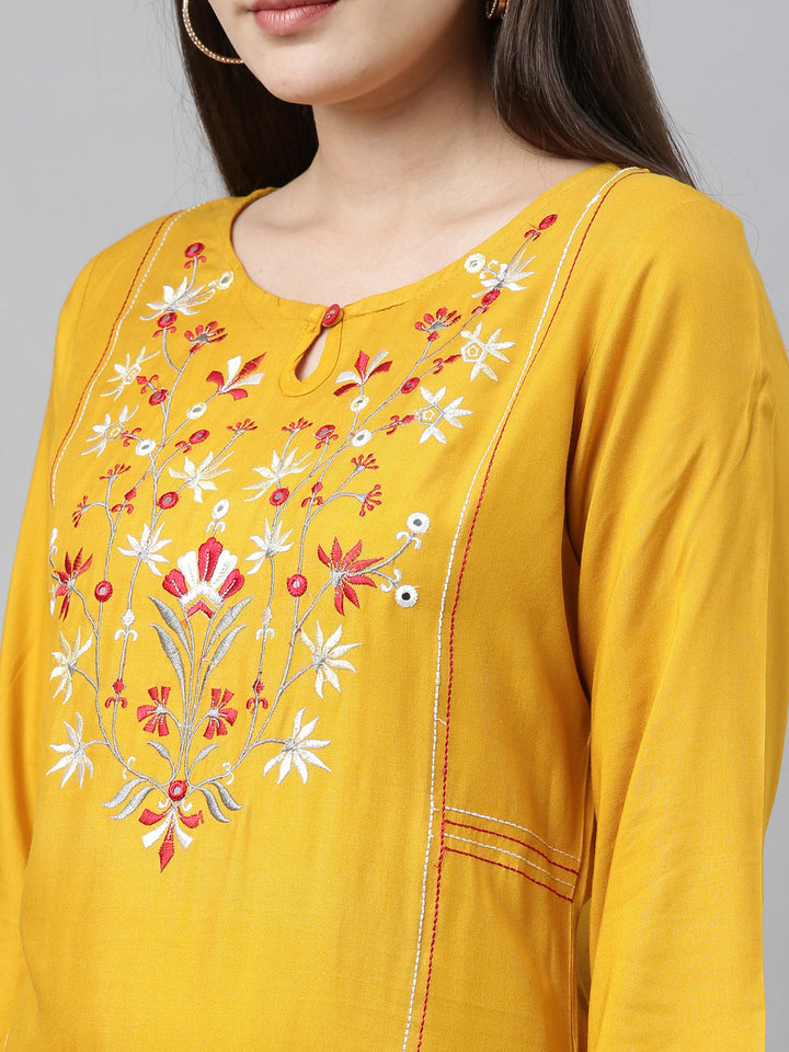 Neerus Yellow Embroidered Straight Kurta