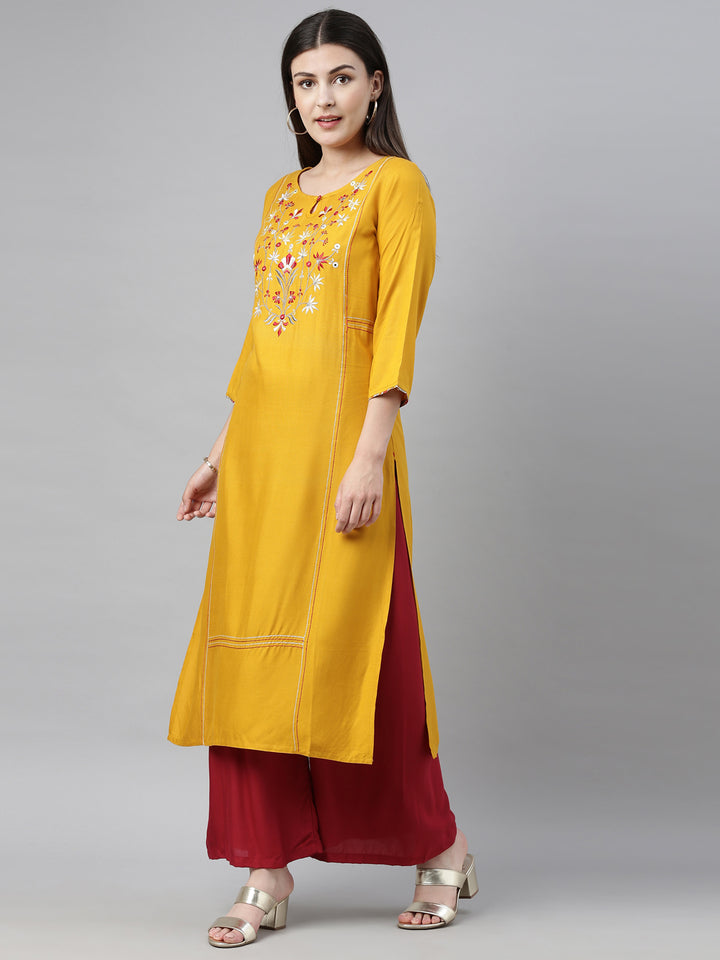 Neerus Yellow Embroidered Straight Kurta
