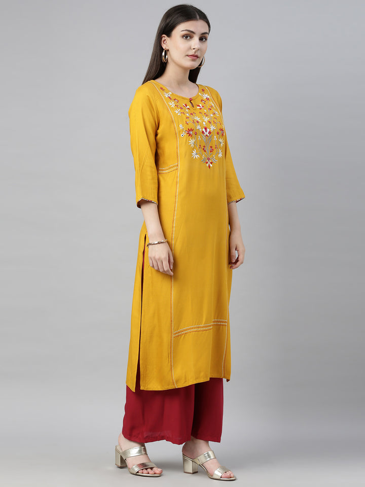 Neerus Yellow Embroidered Straight Kurta