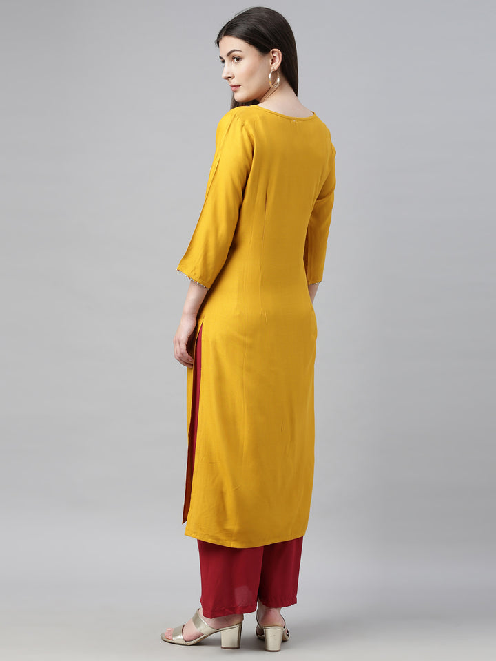 Neerus Yellow Embroidered Straight Kurta