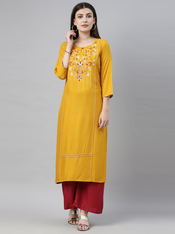 Neerus Yellow Embroidered Straight Kurta