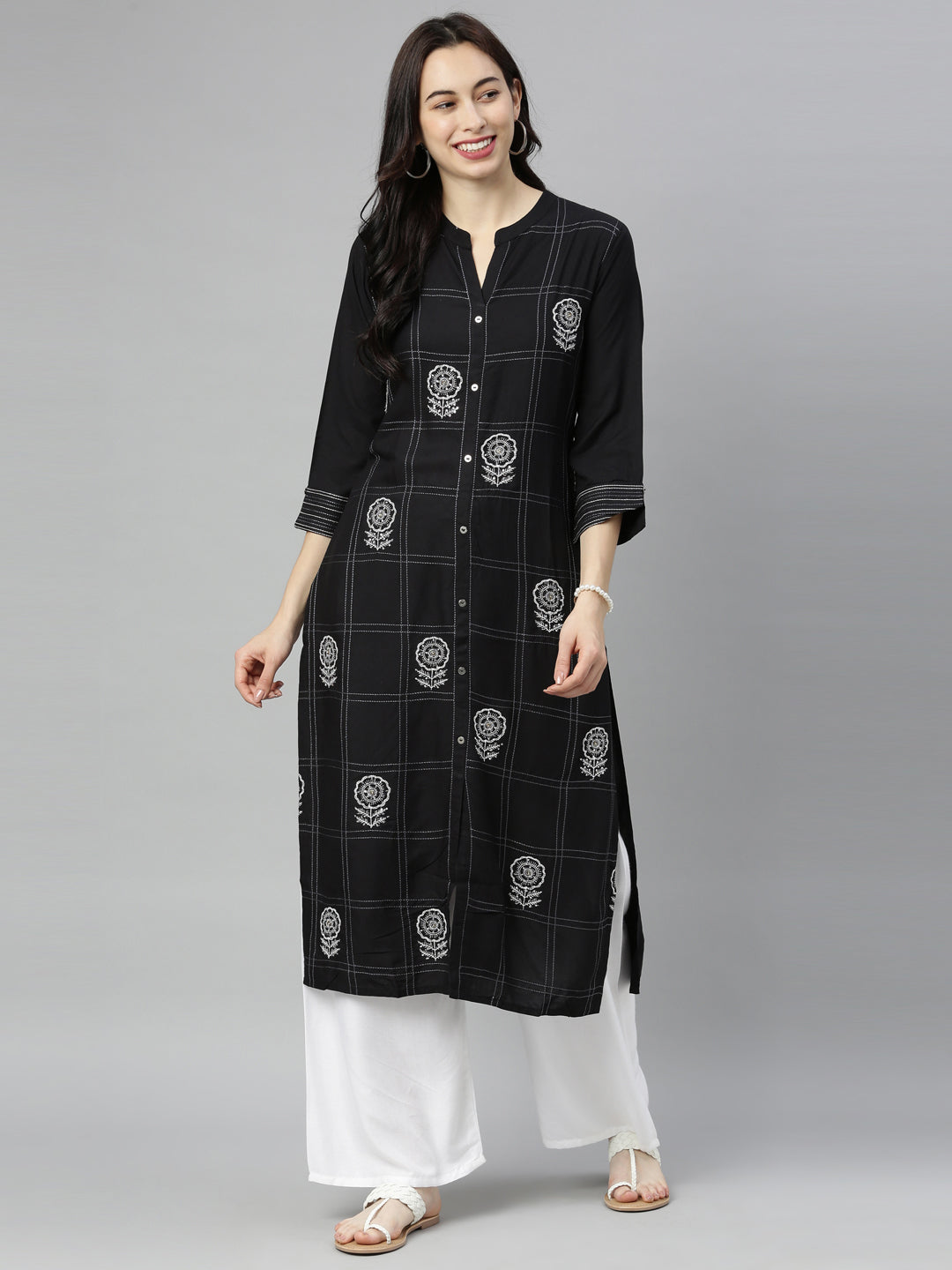 Neerus Black embellished zari straight kurta - front view