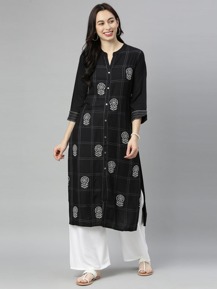 Neerus Black embellished zari straight kurta - front view