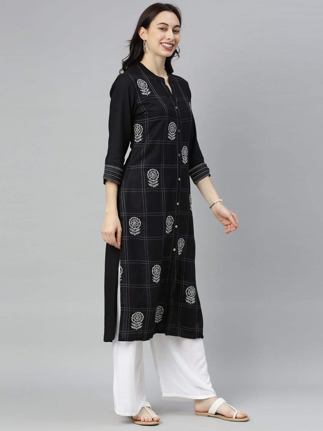 Neerus Black embellished zari straight kurta - detail view 3