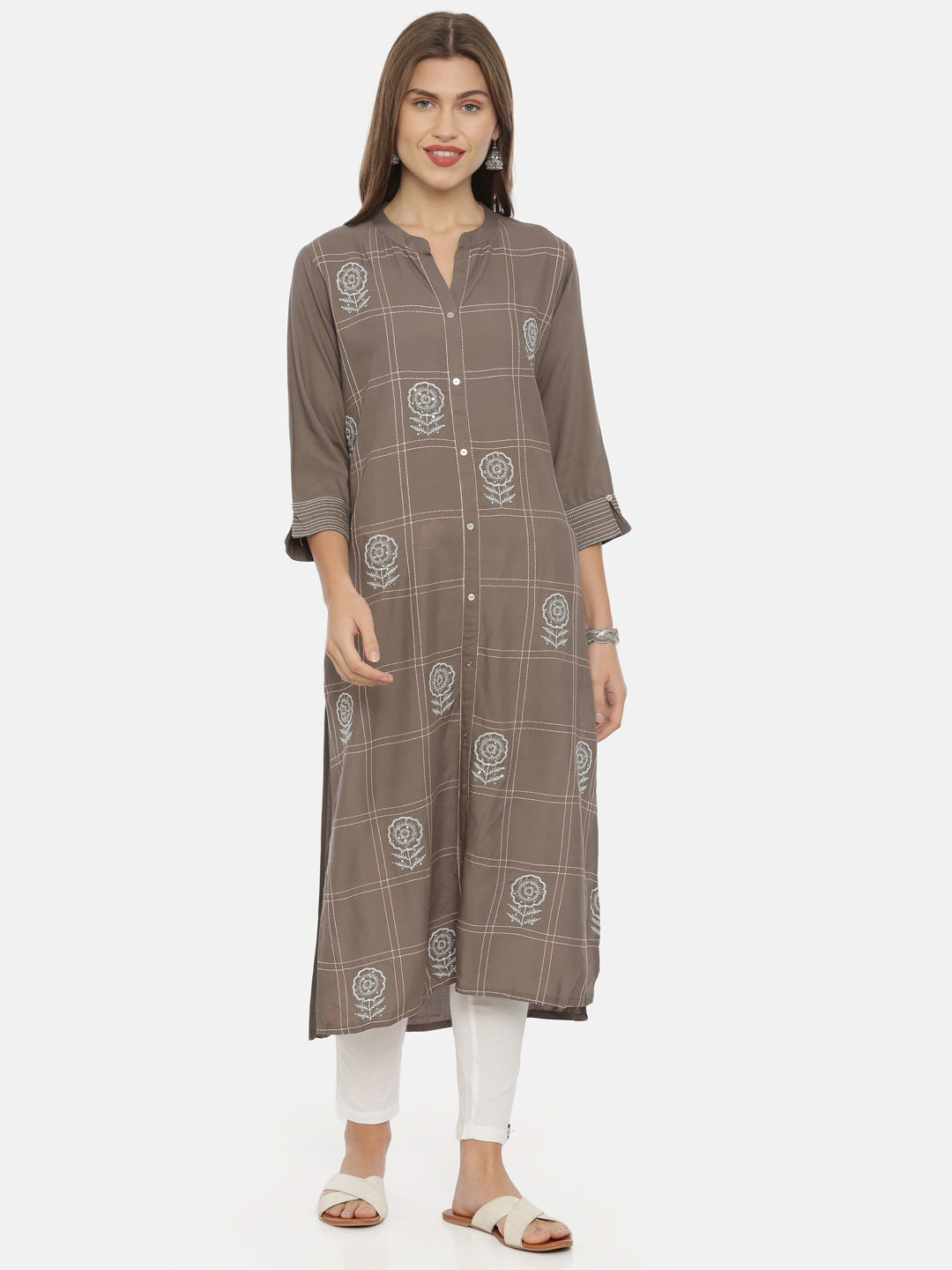 Neerus Grey Embroidered Straight Kurta