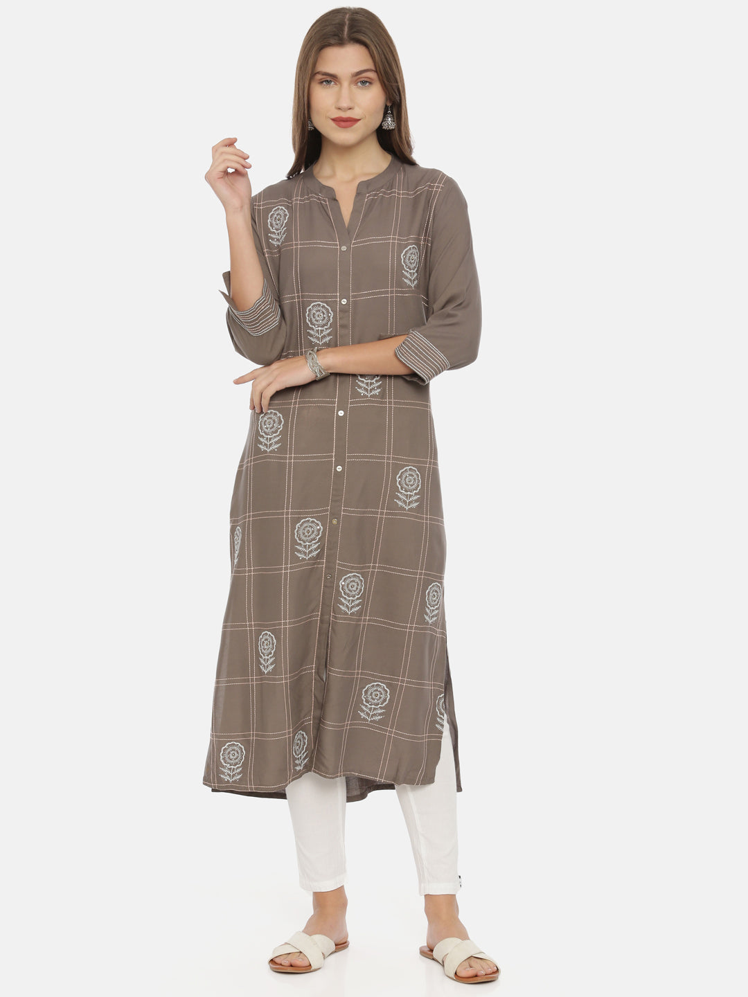 Neerus Grey Embroidered Straight Kurta