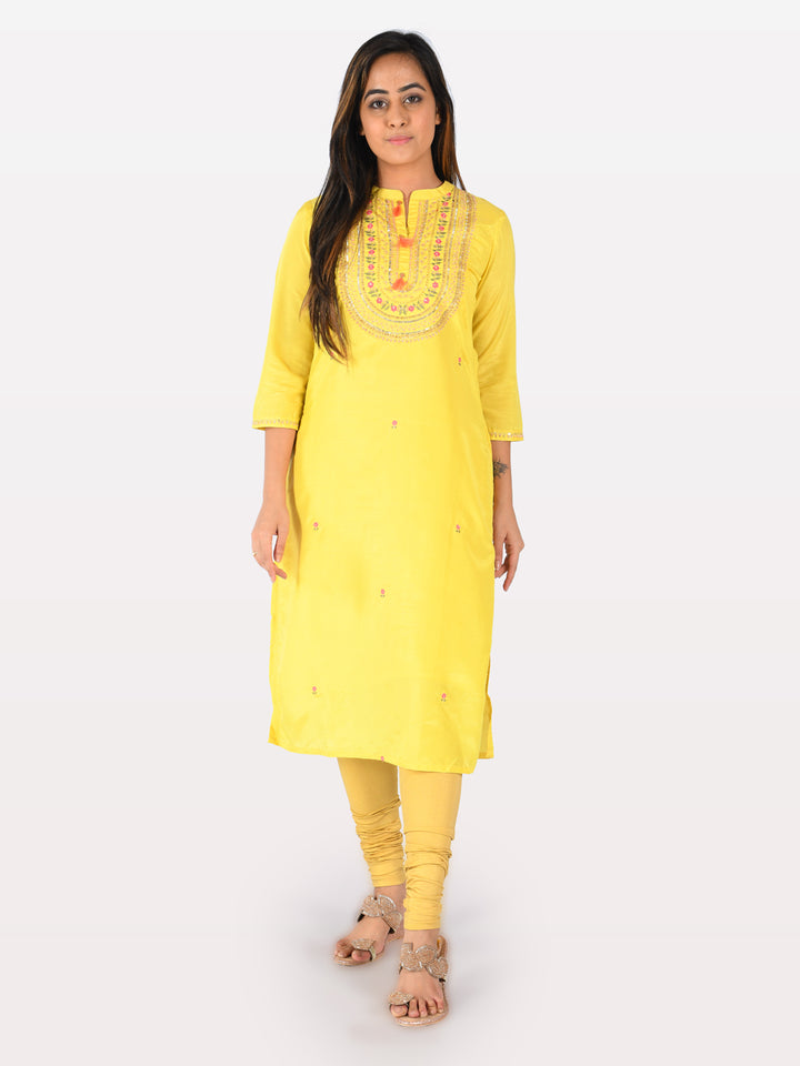 Neerus Yellow Embroidered Straight Kurta