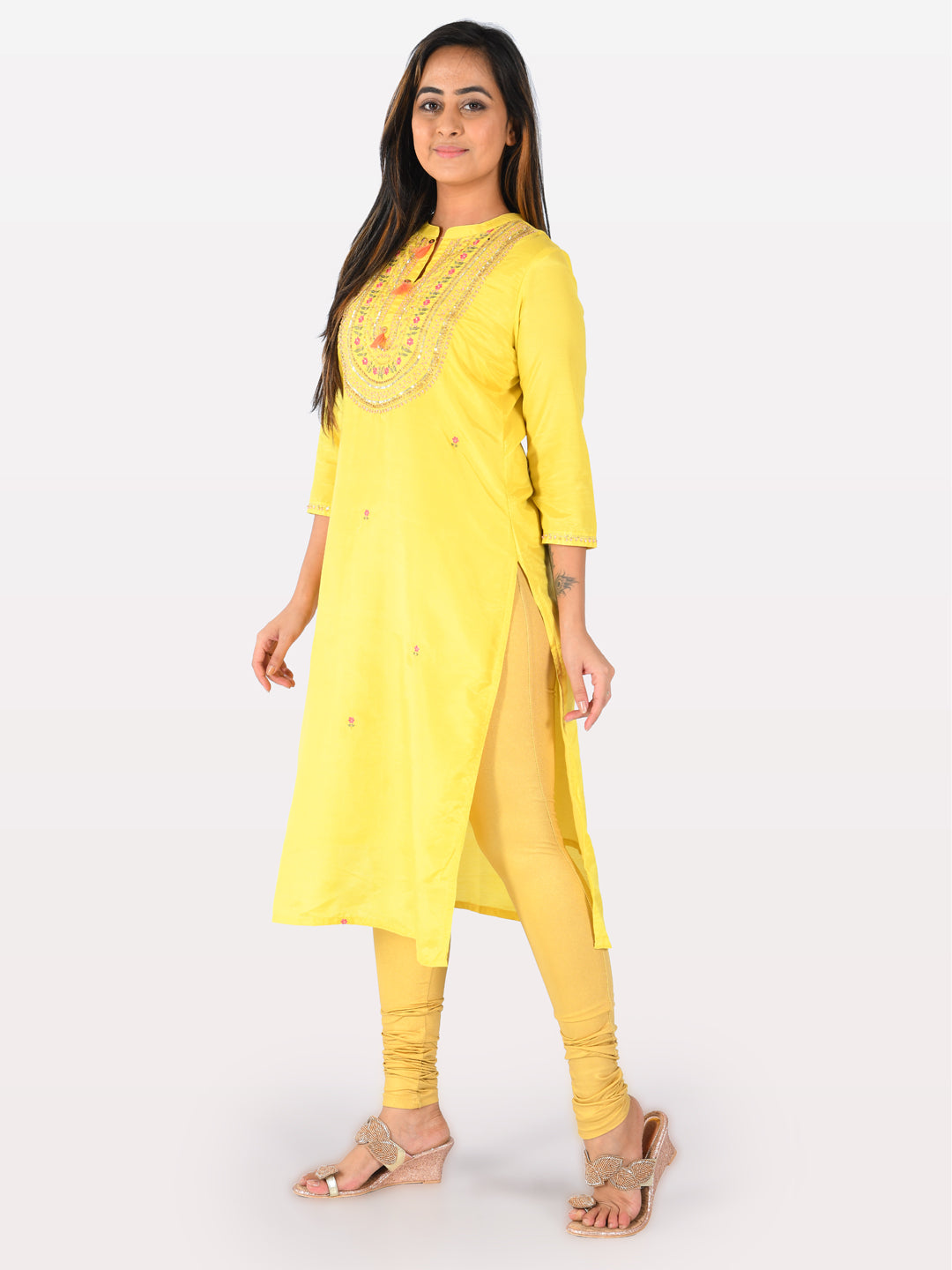 Neeru's Yellow Embroidered Straight Kurta