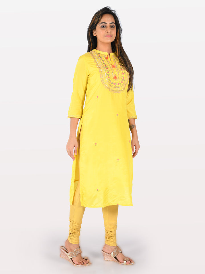Neerus Yellow Embroidered Straight Kurta
