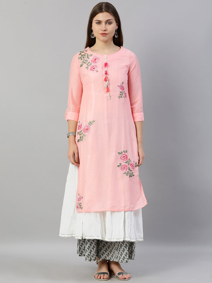 Neerus Pink muslin embroidered A-line kurta layered - front view