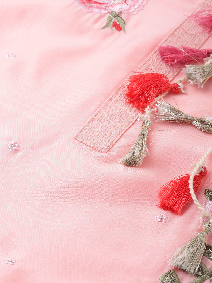 Neerus Pink muslin embroidered A-line kurta layered - back view