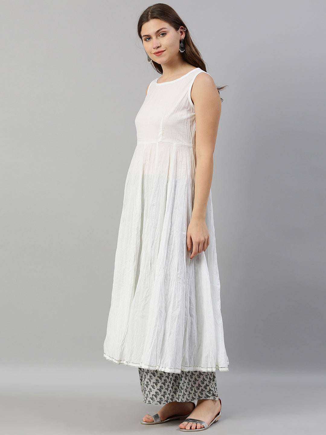 Neerus Women Pink  White Floral Embroidered Layered A-Line Kurta