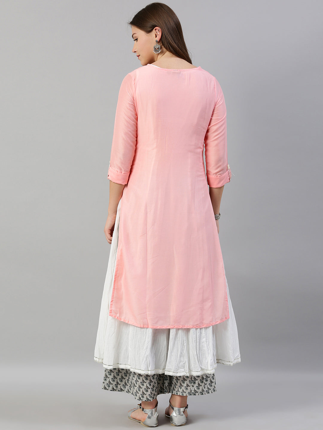 Neerus Pink muslin embroidered A-line kurta layered - detail view 1