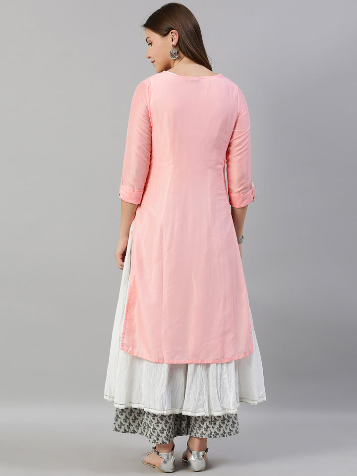 Neerus Pink muslin embroidered A-line kurta layered - detail view 1