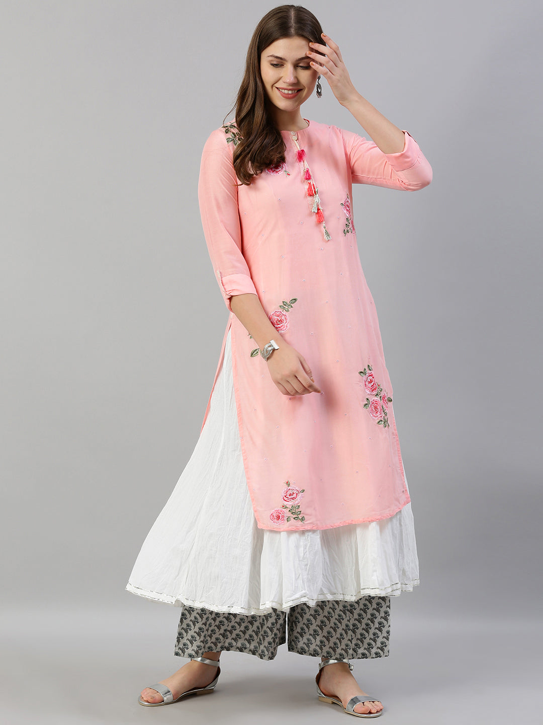 Neerus Pink muslin embroidered A-line kurta layered - detail view 2