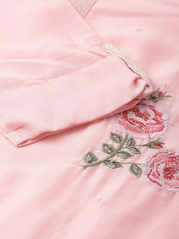 Neerus Pink muslin embroidered A-line kurta layered - detail view 3