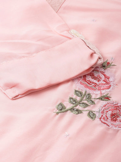 Neerus Women Pink  White Floral Embroidered Layered A-Line Kurta